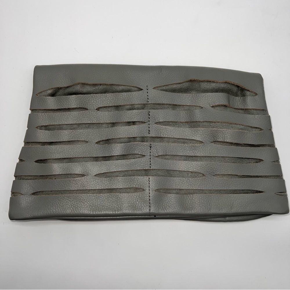 RomyGold Gray Leather Biker Slach Perforated Fold Over Clutch Purse